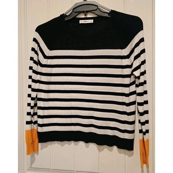Zara Crewneck Pullover Sweater Cropped Long Sleeve Black White Womens Size L - Picture 1 of 3